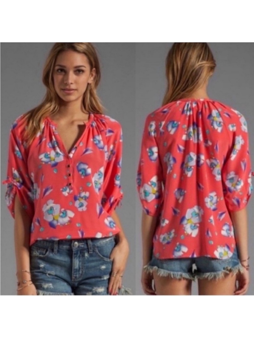 Yumi Kim Coral Floral Henley Top with Blue Accents Sz XS 100% Silk